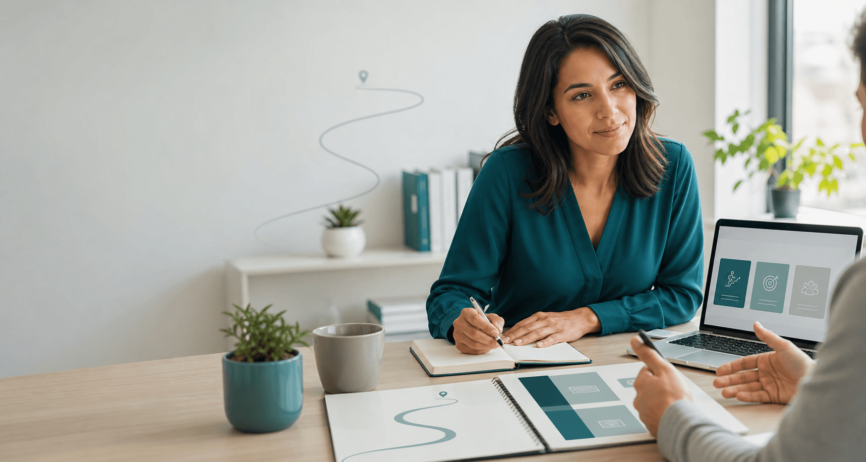 A professional career coaching conversation in a bright modern workspace