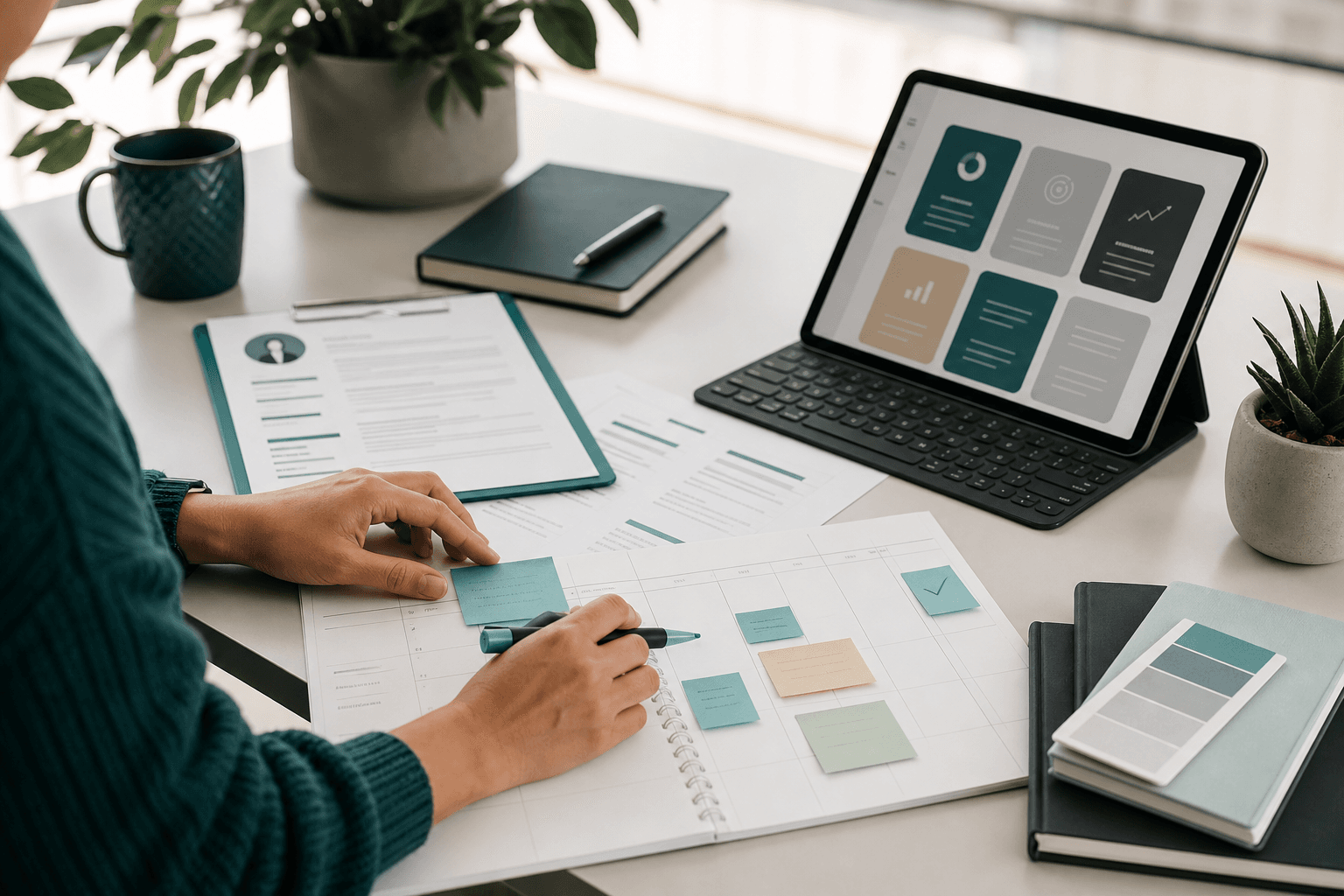 Career coaching session preparation with CV pages, planning notes and a tablet dashboard